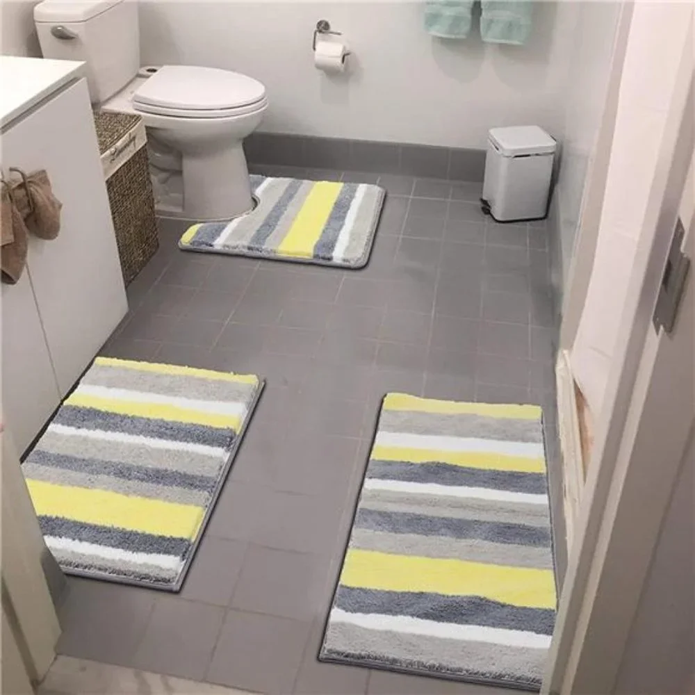 3 Piece Bathroom Rugs Set, Non Slip Shaggy Microfiber Bath Shower Mats Set
